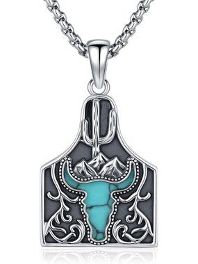 Women's Cow Tag Sterling Turquoise Pendant Highland Cow Skull Western Necklace